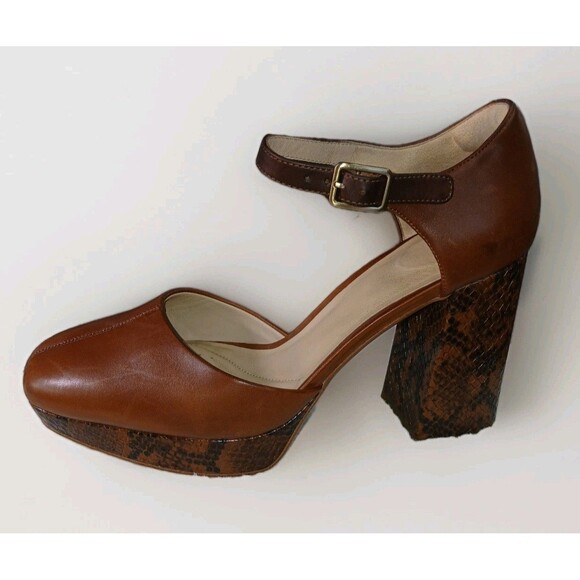 Clarks Mary Janes clogs Brown Leather Platform Straps Snakeskin Block Heel 9 M - Picture 13 of 16